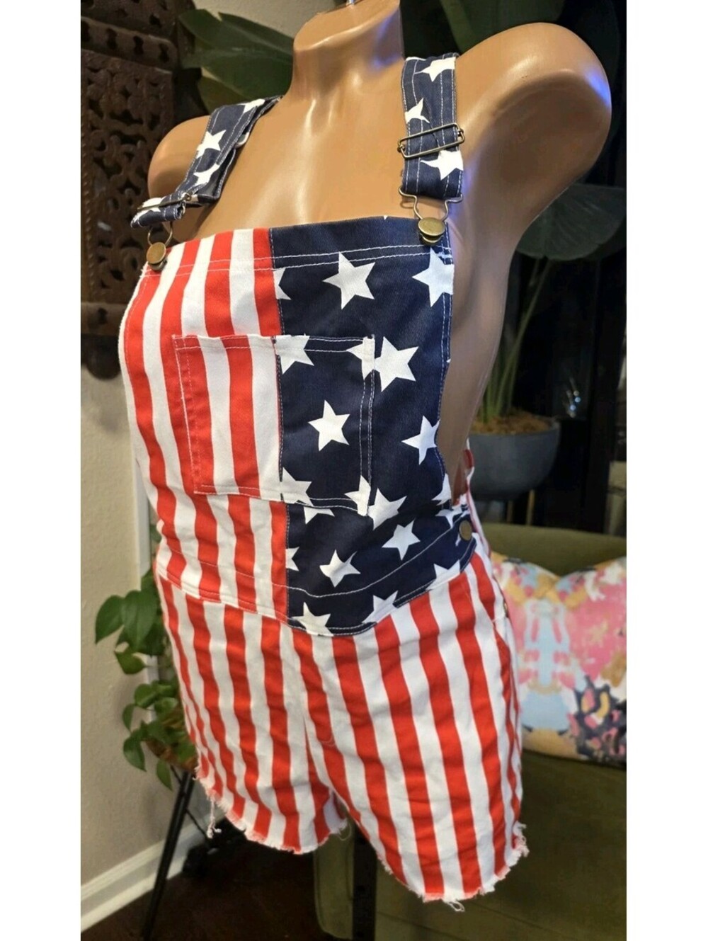 NWT Jumpfolia American Flag Denim Overalls Shorts Size XS Patriotic 4th of July